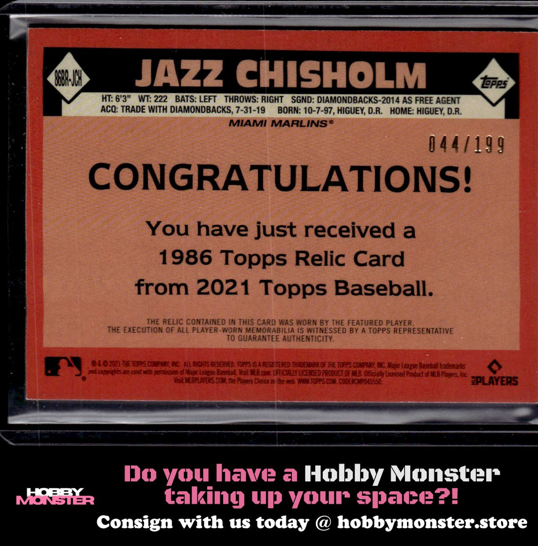 2021 Topps Jazz Chisholm 1986 Relic Black #/199 Miami Marlins