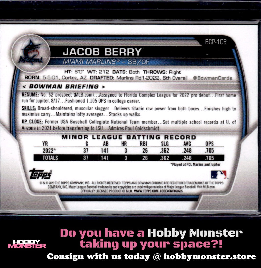 2023 Bowman Jacob Berry Chrome Blue RayWave #/150 Miami Marlins