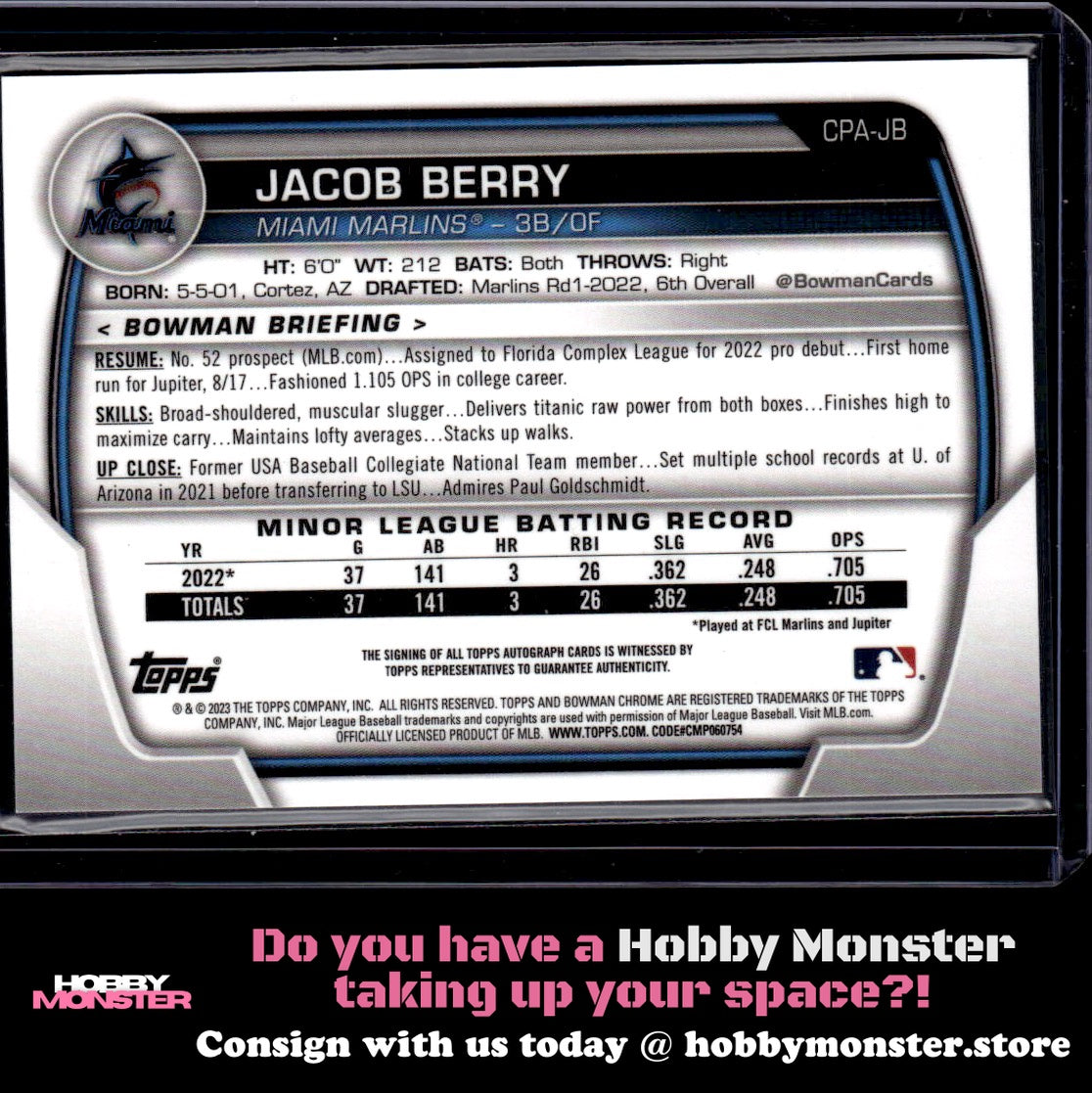 2023 Bowman Jacob Berry Chrome Prospects Autographs Auto Miami Marlins