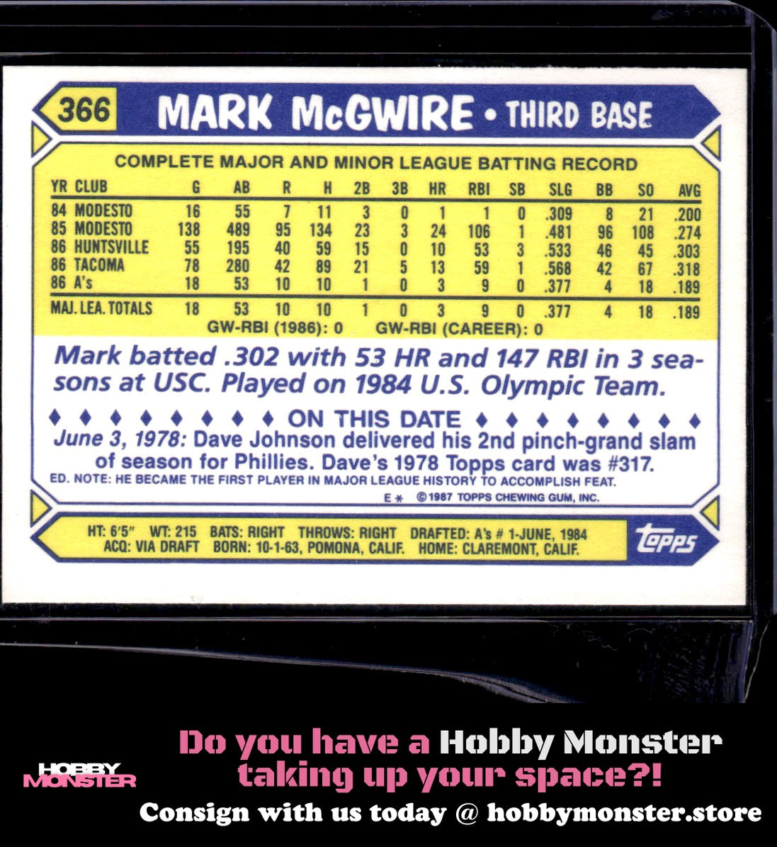 1987 Topps Mark McGwire Tiffany Oakland Athletics
