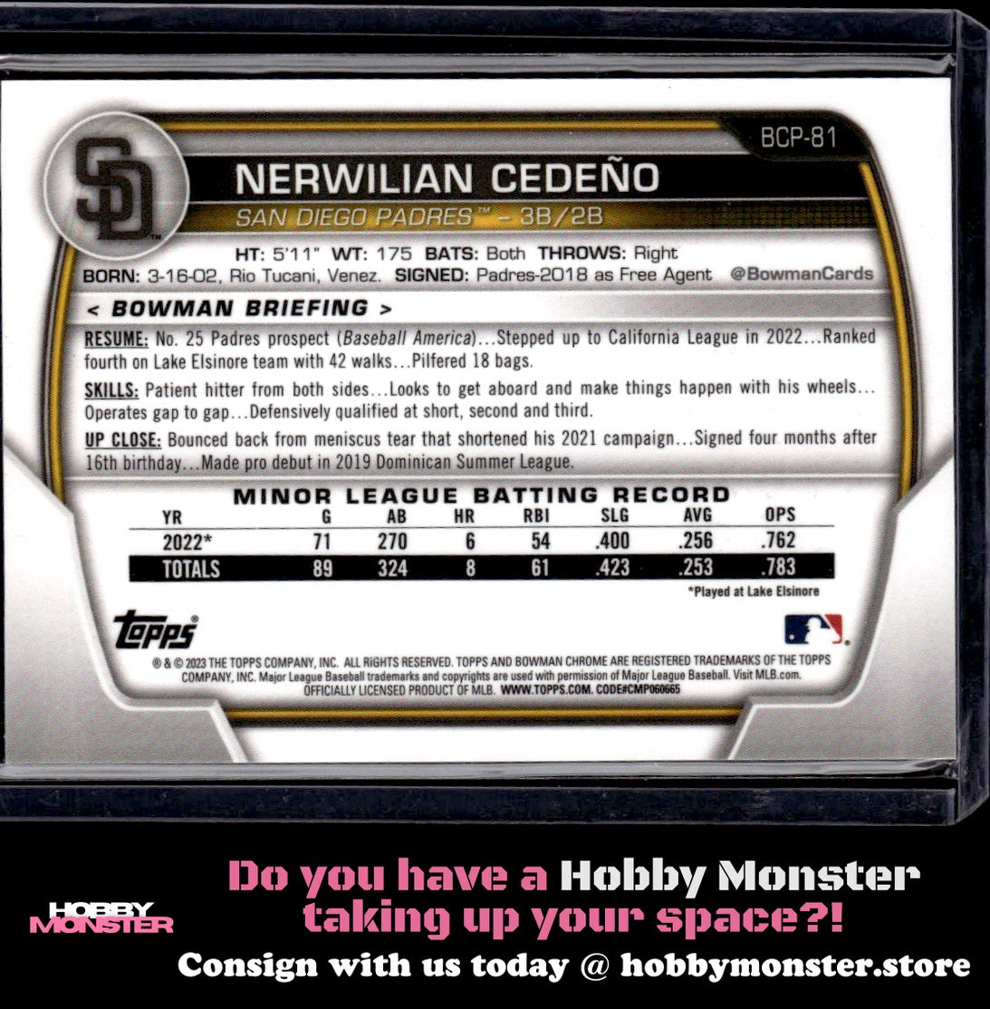 2023 Bowman Nerwilian Cedeño Chrome Yellow Lunar Refractor #/75 Padres
