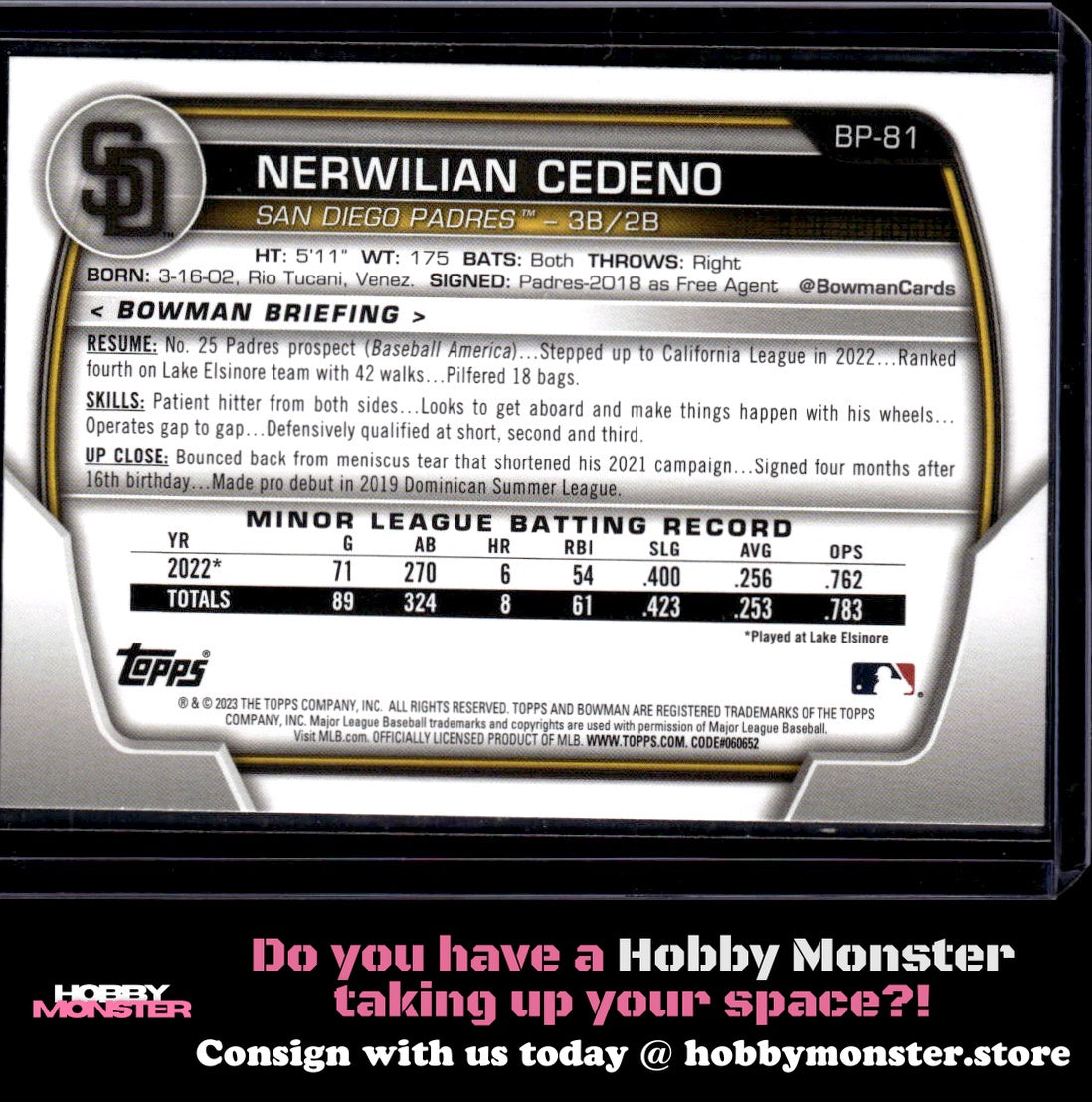 2023 Bowman Nerwilian Cedeno Prospects Yellow #/75 San Diego Padres