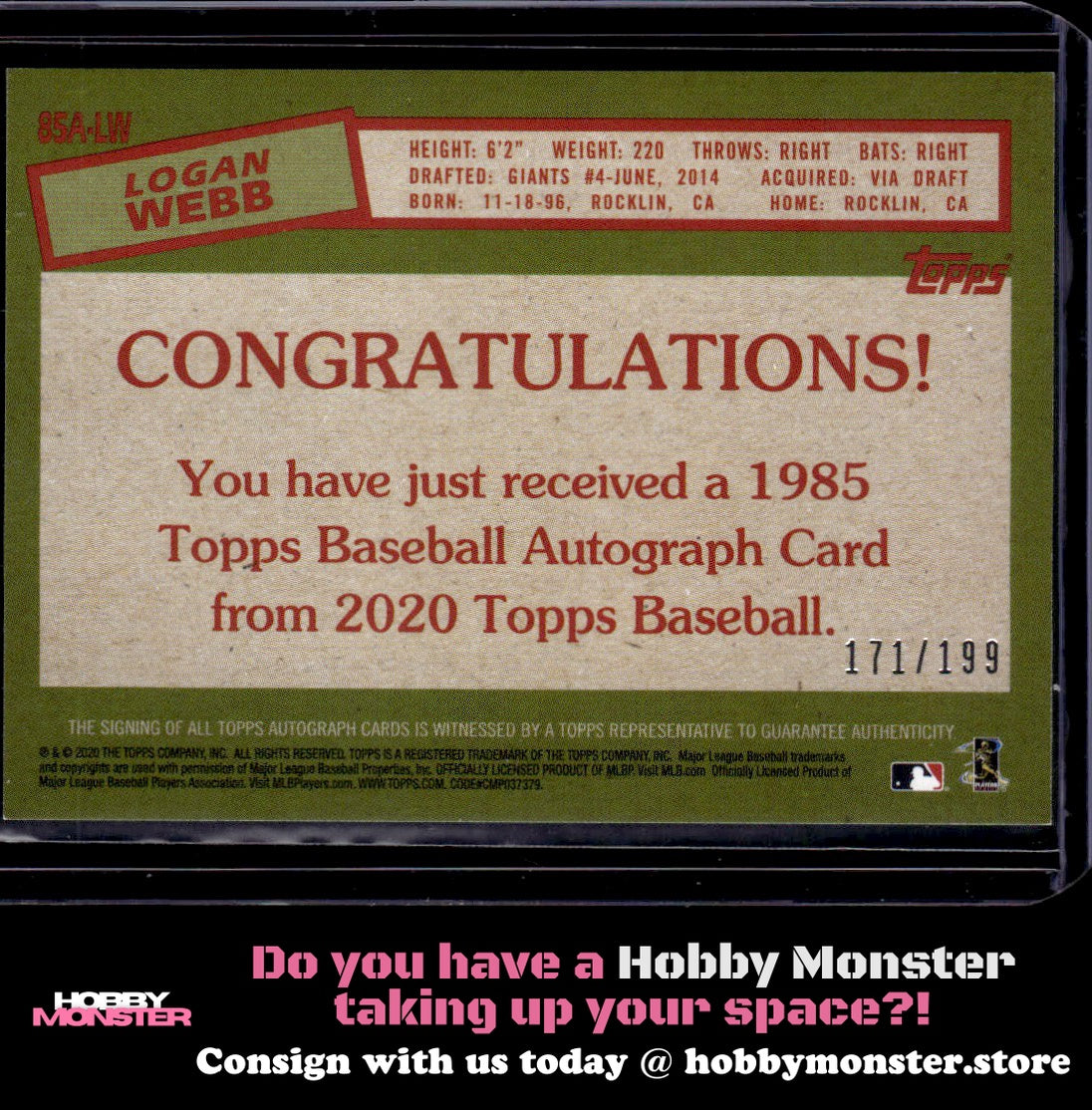 2020 Topps Logan Webb 1985 Black Auto #/199 San Francisco Giants