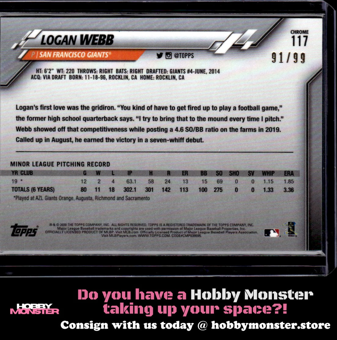 2020 Topps Chrome Logan Webb Green Refractor Rookie 91/99 San Francisco Giants