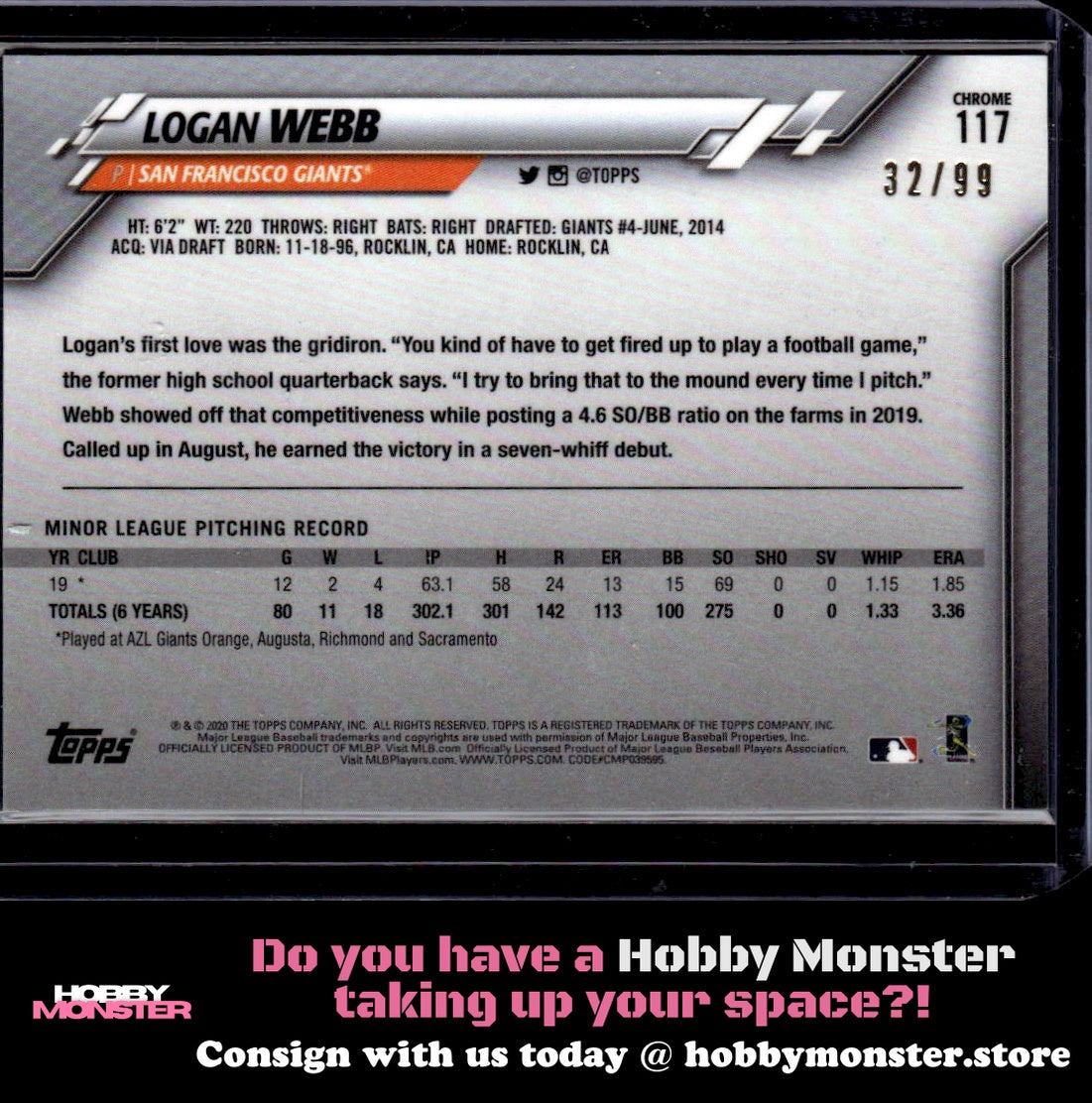 2020 Topps Chrome Logan Webb Green Refractor Rookie 32/99 San Francisco Giants