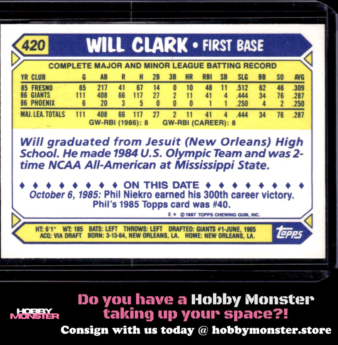 1987 Topps Will Clark Tiffany Rookie San Francisco Giants