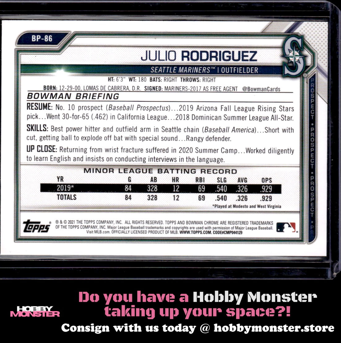 2021 Bowman Julio Rodriguez Prospects Neon Green #/399 Seattle Mariners