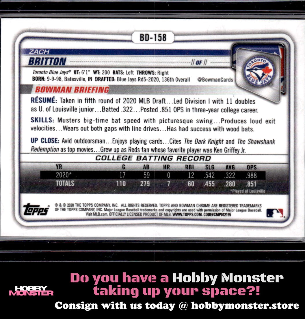 2020 Bowman Draft Zach Britton Chrome Purple #/250 Toronto Blue Jays