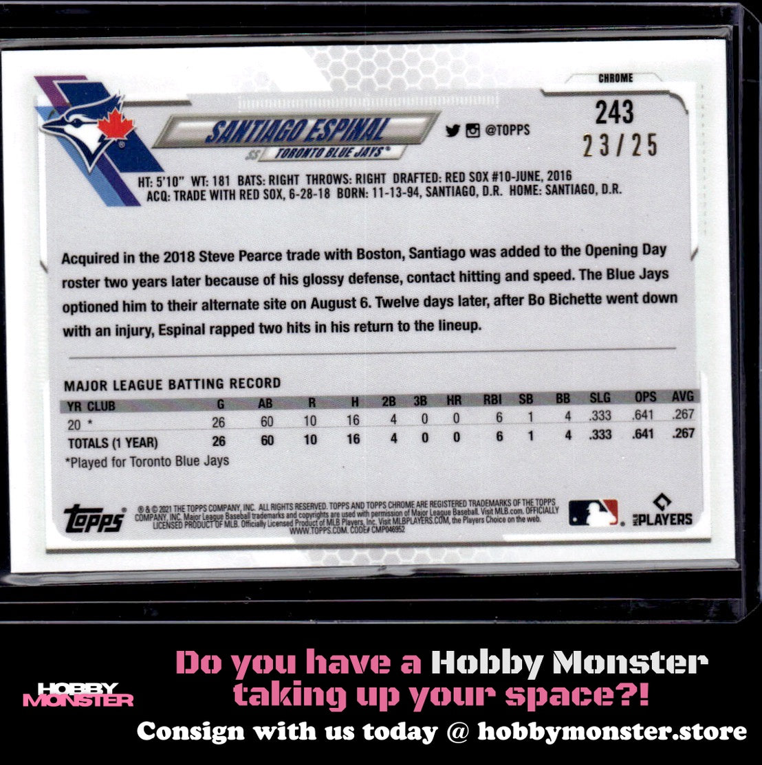 2021 Topps Chrome Sapphire Santiago Espinal Orange Rookie #/25 Blue Jays
