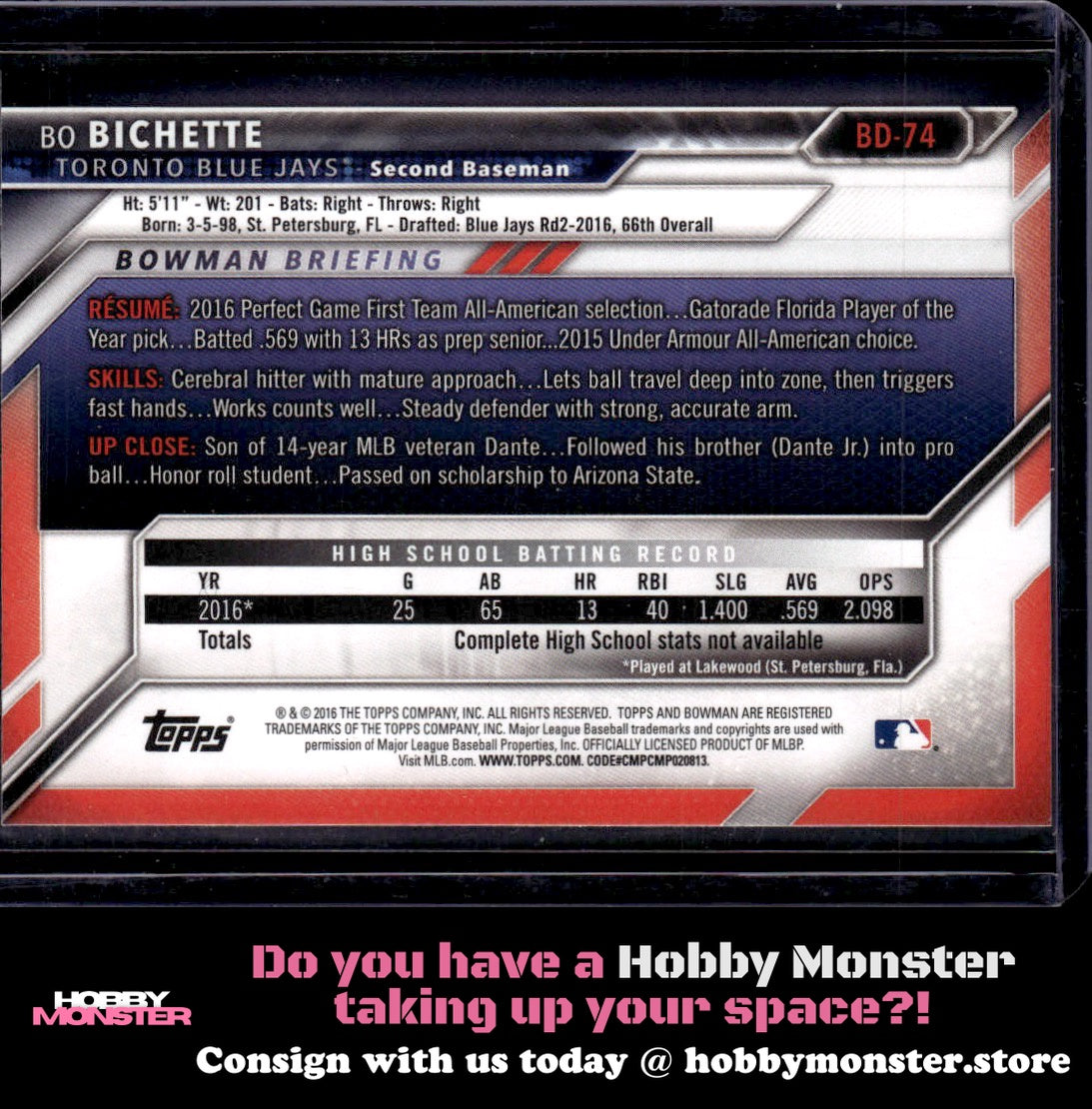 2016 Bowman Draft Bo Bichette Toronto Blue Jays