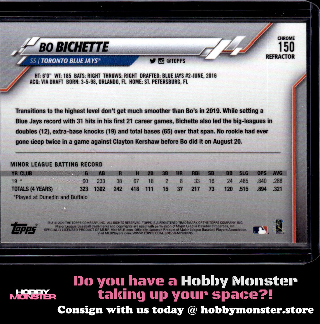 2020 Topps Chrome Bo Bichette X-Fractor Refractor Rookie Toronto Blue Jays