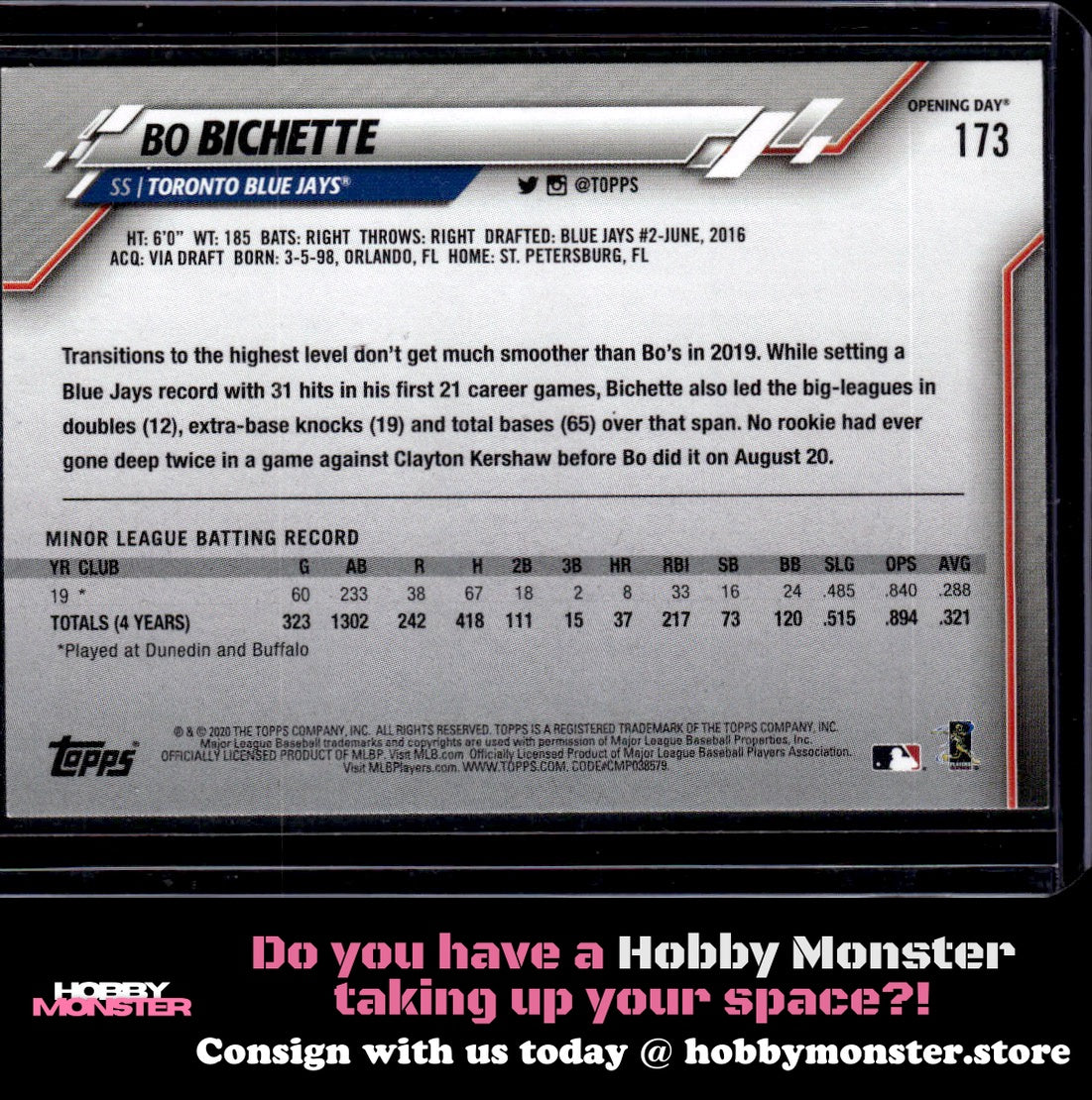2020 Topps Opening Day Bo Bichette Blue Foil Blue Jays