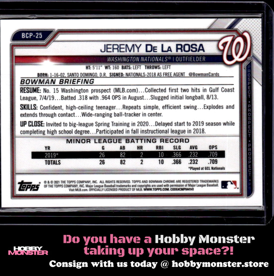 2021 Bowman Jeremy De La Rosa Chrome Fuchsia Shimmer Refractor #/199 Nationals