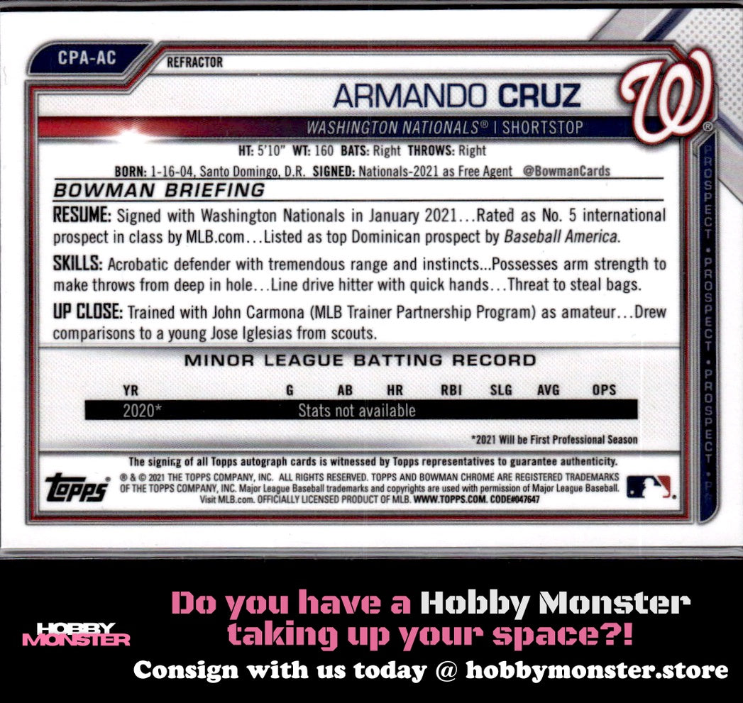 2021 Bowman Chrome Armando Cruz Refractor Auto #/499 Washington Nationals