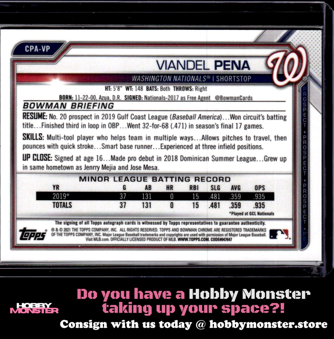 2021 Bowman Chrome Viandel Pena Yellow Refractor Auto #/75 Nationals