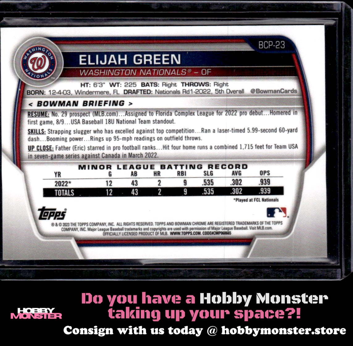 2023 Bowman Elijah Green Chrome Grass Green Refractors #/99 Washington Nationals