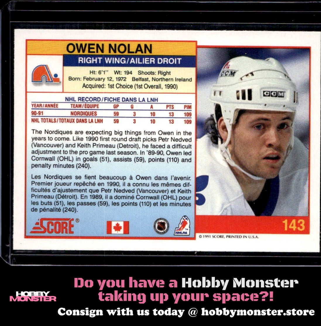 1991-92 Score Canadian Bilingual Owen Nolan Quebec Nordiques