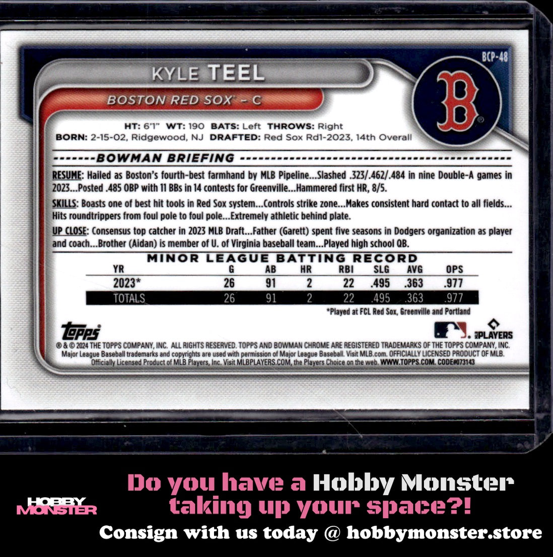 2024 Bowman Kyle Teel Chrome Prospects Lunar Glow Refractors Boston Red Sox