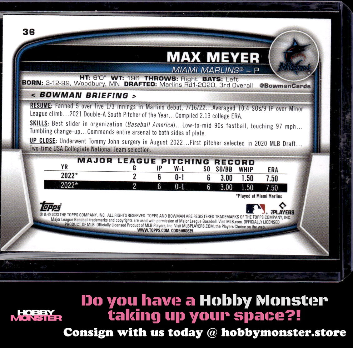 2023 Bowman Max Meyer Green Rookie #/99 Miami Marlins