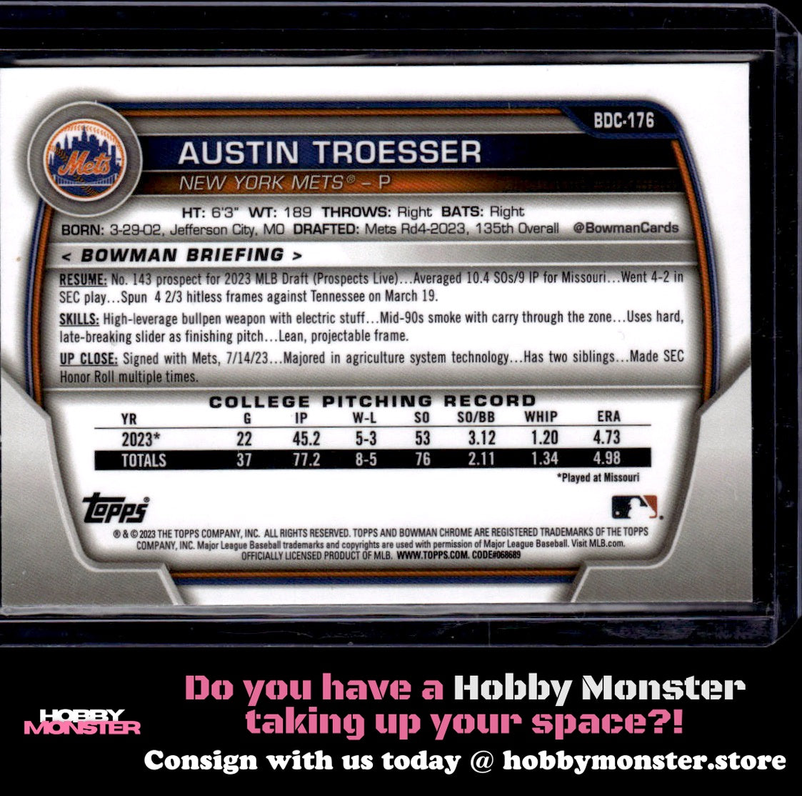 2023 Bowman Draft Sapphire Edition Austin Troesser New York Mets