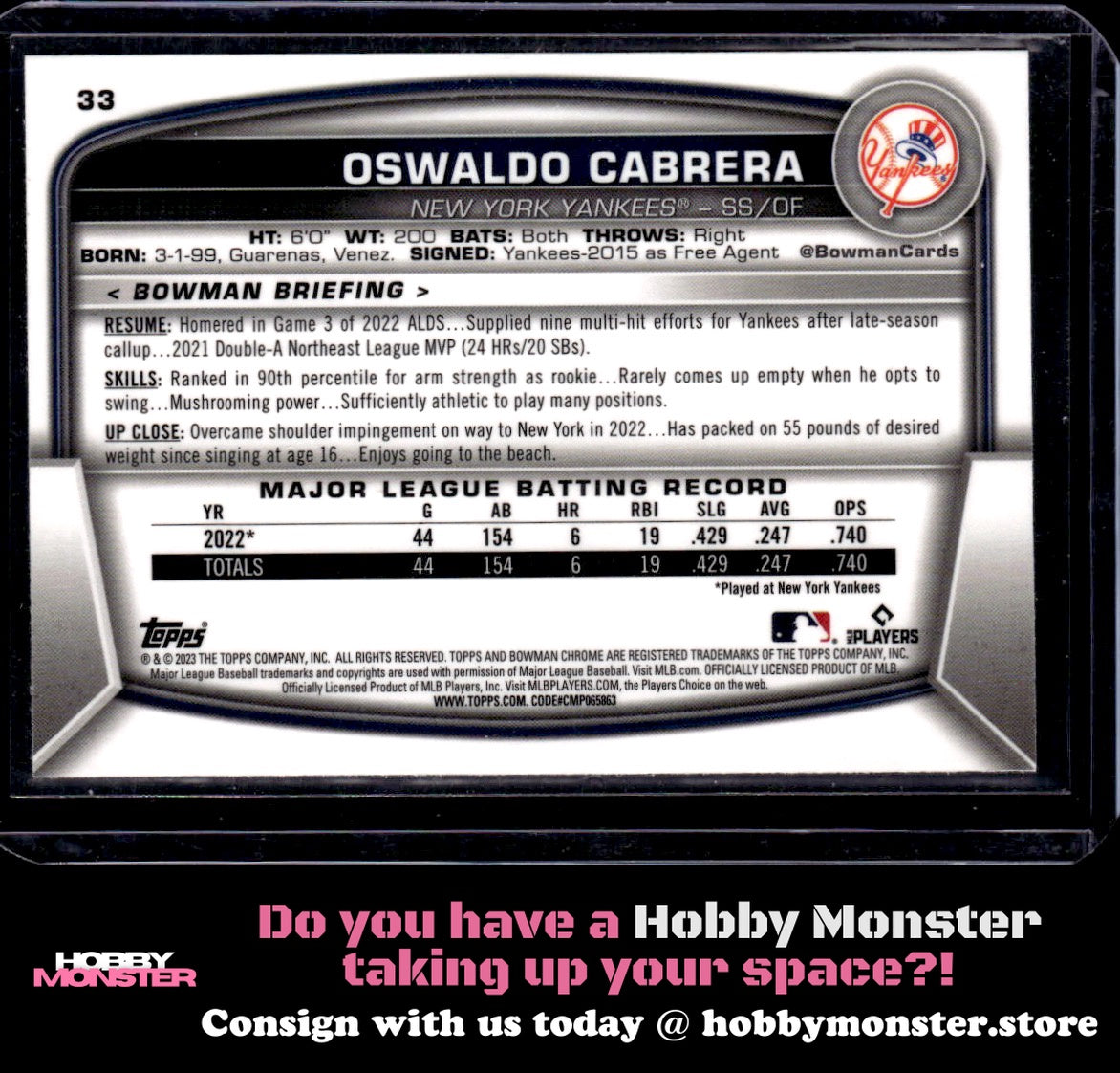 2023 Bowman Chrome Oswaldo Cabrera Rookie New York Yankees