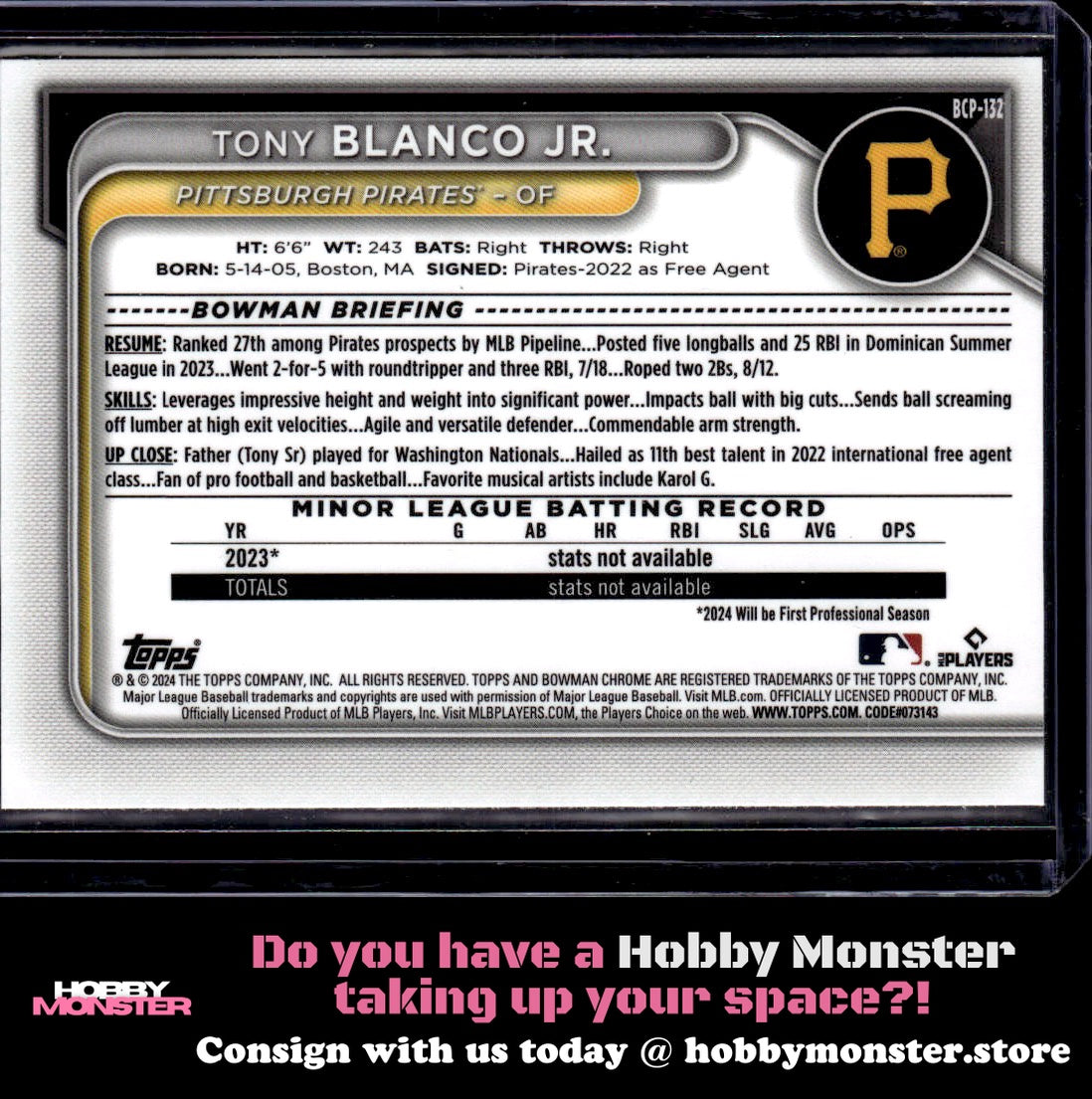 2024 Bowman Tony Blanco Jr. Chrome Lunar Glow Pittsburgh Pirates
