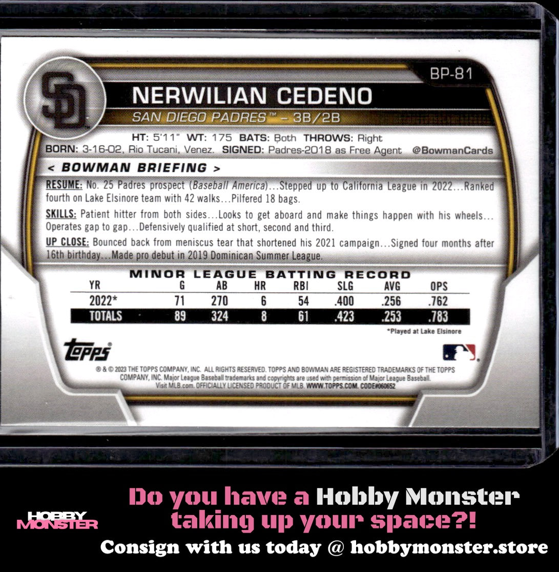 2023 Bowman Nerwilian Cedeno Prospects Green #/99 San Diego Padres