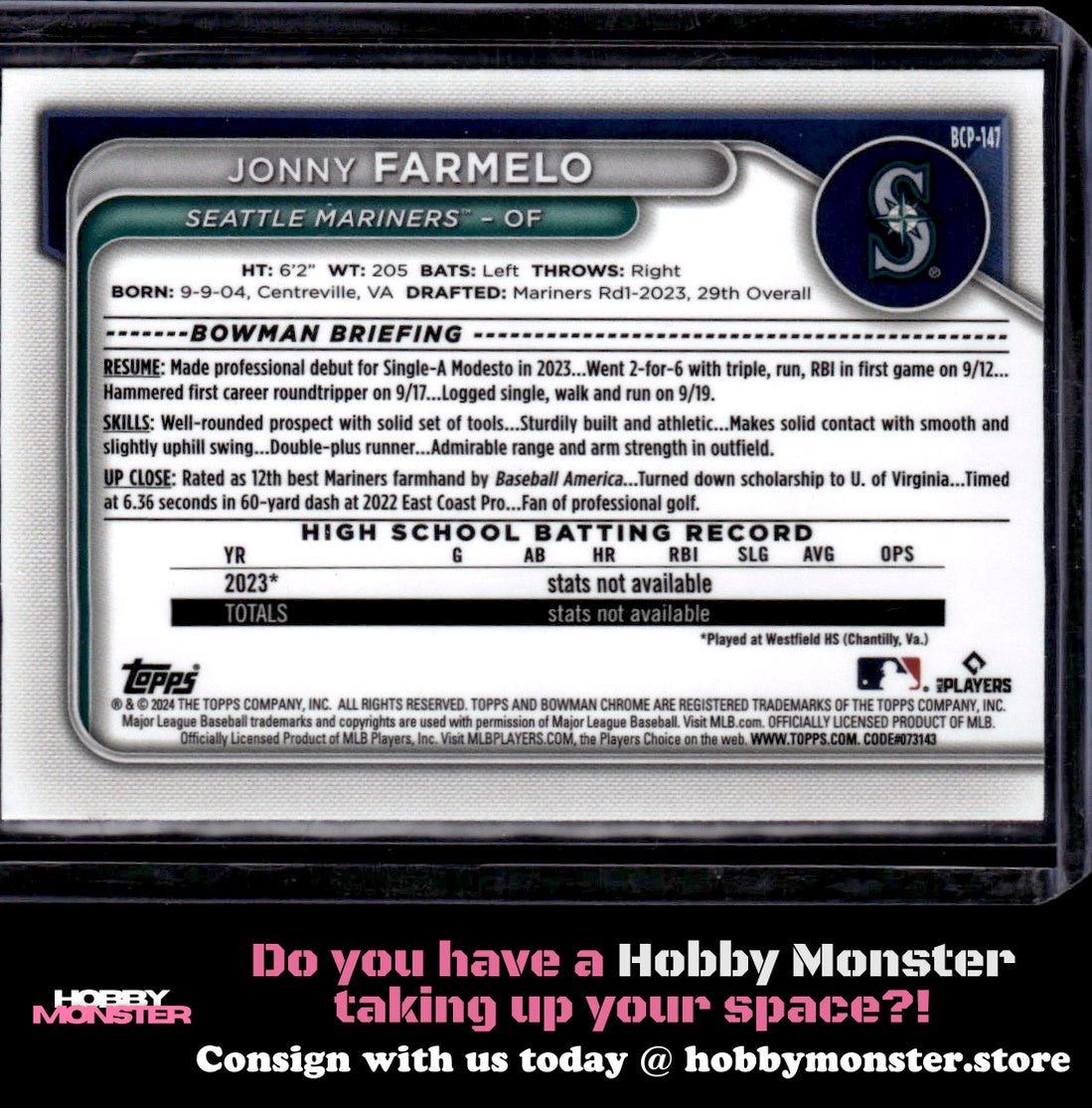 2024 Bowman Jonny Farmelo Chrome Purple Refractor #/250 Seattle Mariners