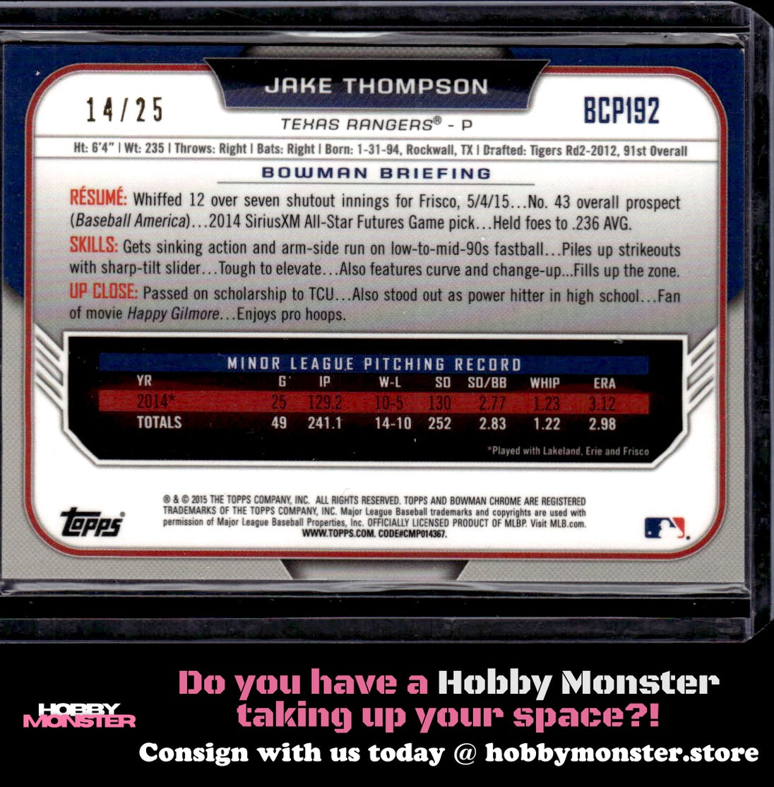 2015 Bowman Chrome Jake Thompson Prospects Orange Refractors #/25 Texas Rangers