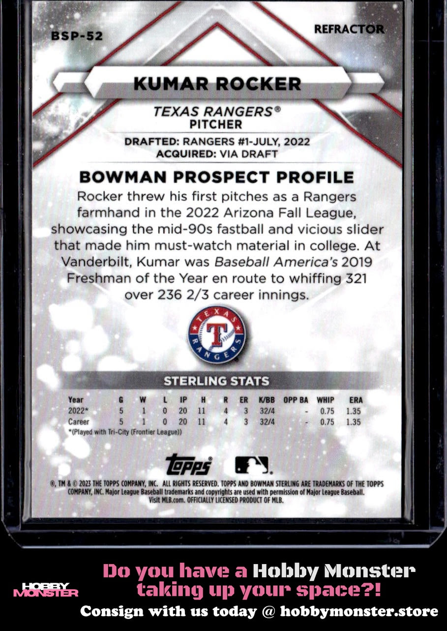 2023 Bowman Sterling Kumar Rocker Refractors #/199 Texas Rangers