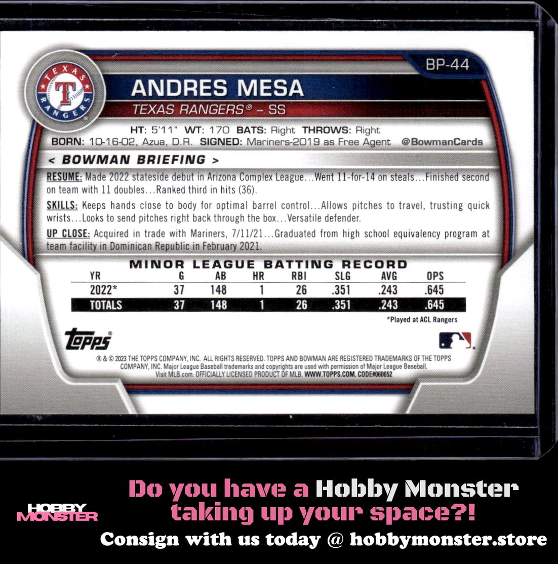 2023 Bowman Andres Mesa Prospects Black Pattern #/15 Texas Rangers