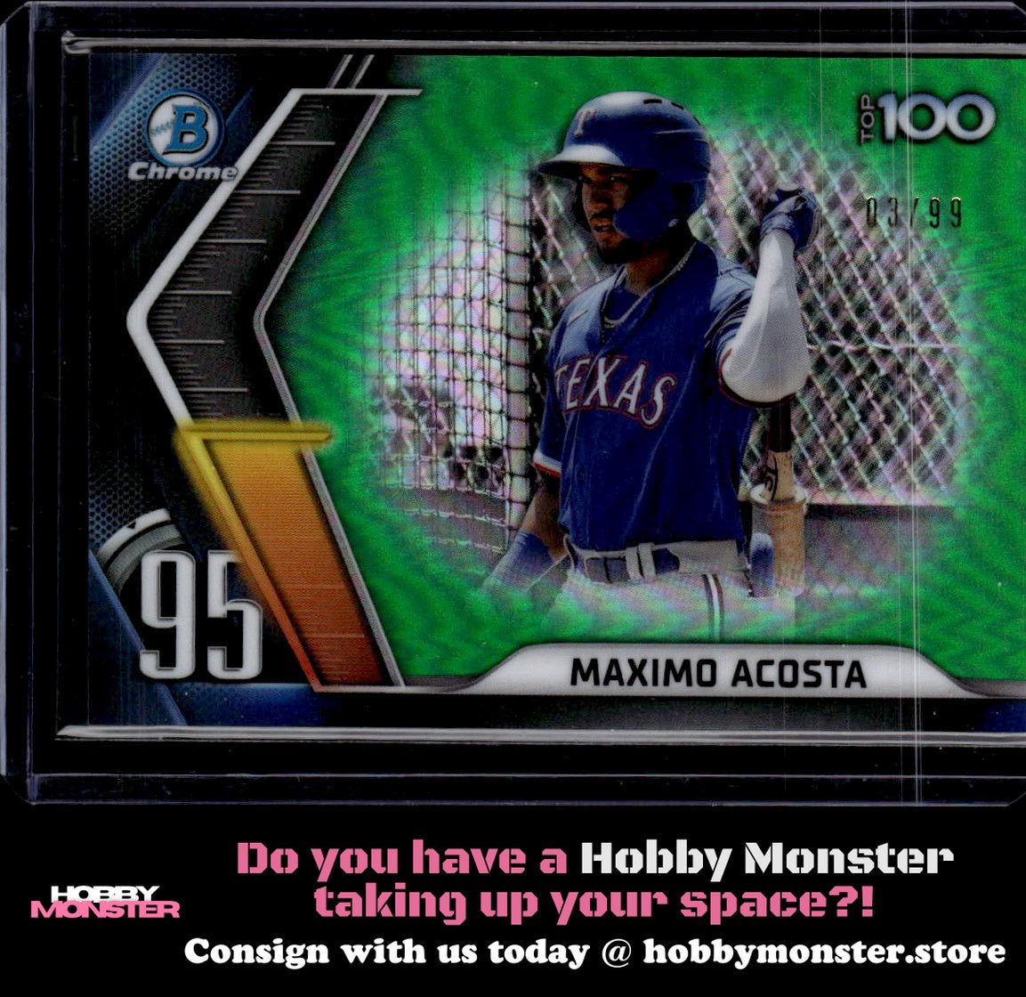 2022 Bowman Maximo Acosta Top 100 Green Refractors #/99 Texas Rangers