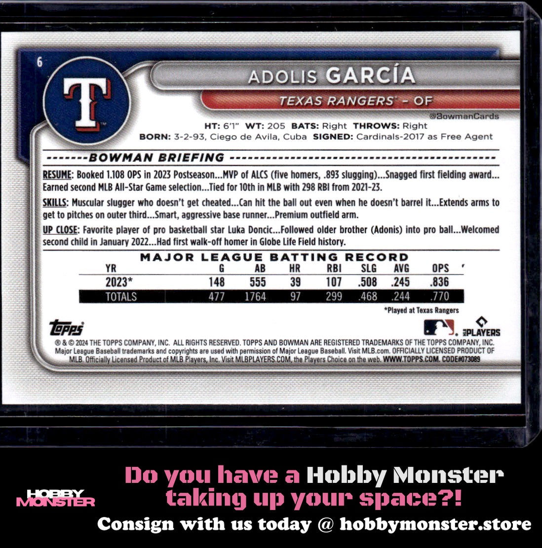 2024 Bowman Adolis Garcia Purple #/250 Texas Rangers