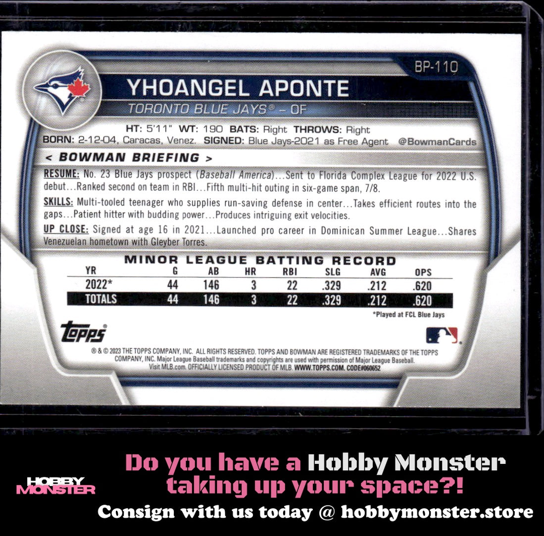 2023 Bowman Yhoangel Aponte Prospects Green #/99 Toronto Blue Jays