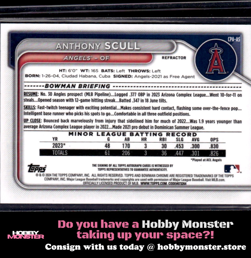 2024 Bowman Anthony Scull Chrome Refractors Auto #/499 Los Angeles Angels