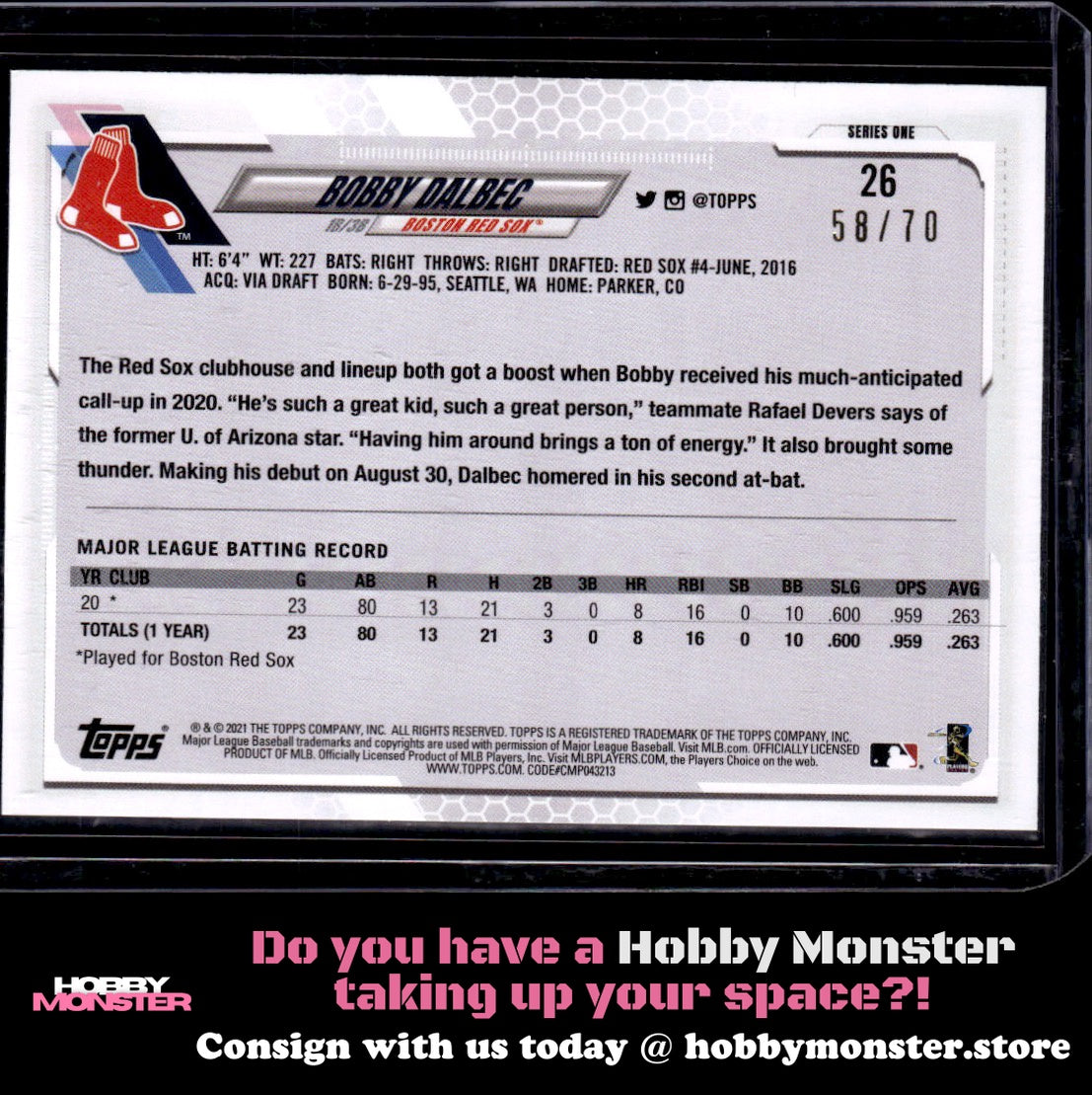 2021 Topps Bobby Dalbec 70th Anniversary Platinum #/70 Boston Red Sox