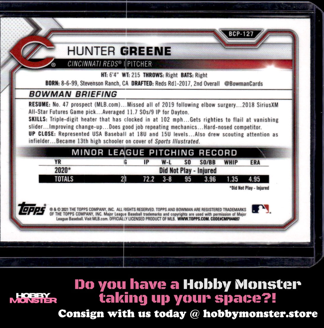 2021 Bowman Hunter Greene Chrome Prospects Mojo Refractor Cincinnati Reds