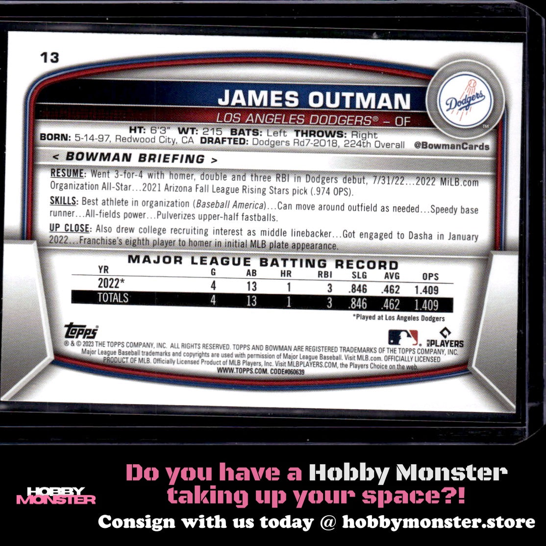 2023 Bowman James Outman Fuchsia Rookie #/299 Los Angeles Dodgers