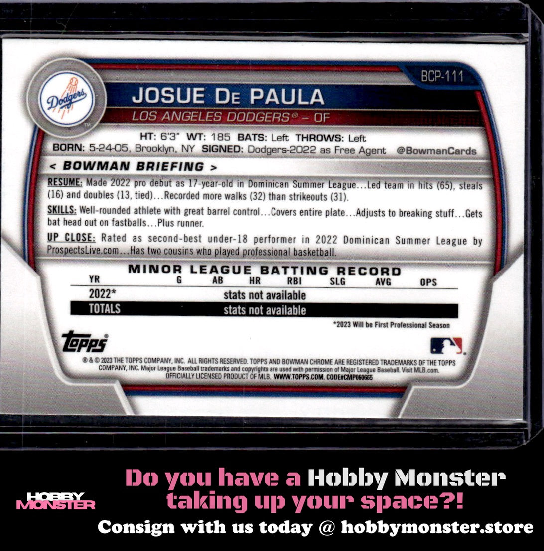 2023 Bowman Josue De Paula Chrome Prospects Los Angeles Dodgers C