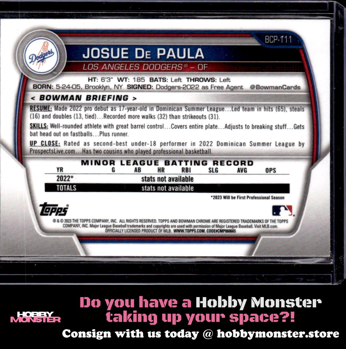 2023 Bowman Josue De Paula Chrome Prospects Los Angeles Dodgers B