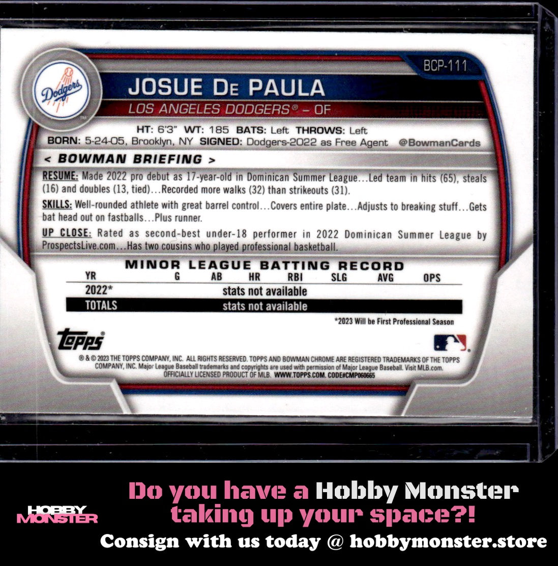 2023 Bowman Josue De Paula Chrome Prospects Los Angeles Dodgers