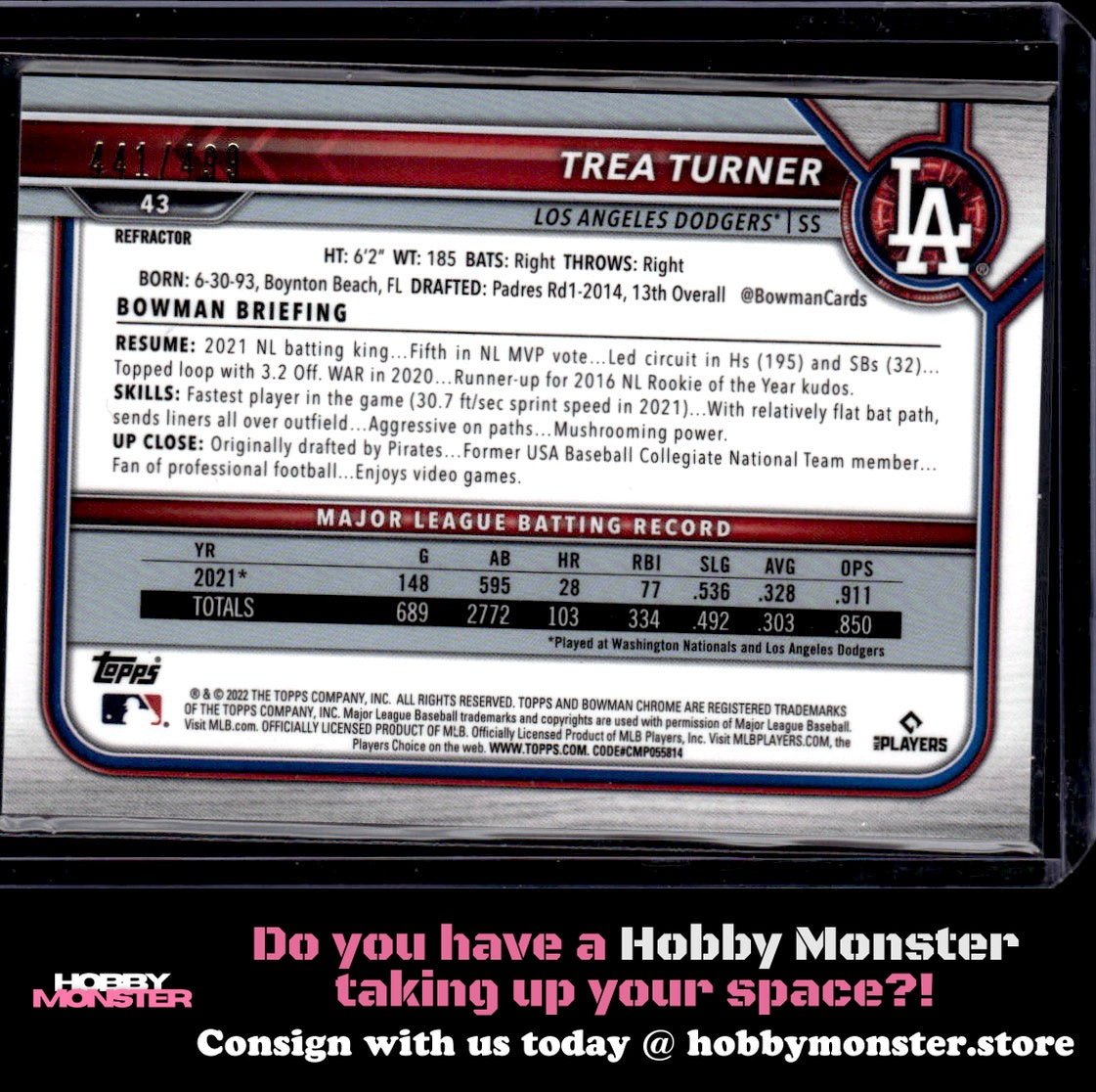 2022 Bowman Chrome Trea Turner Refractor #/499 Los Angeles Dodgers