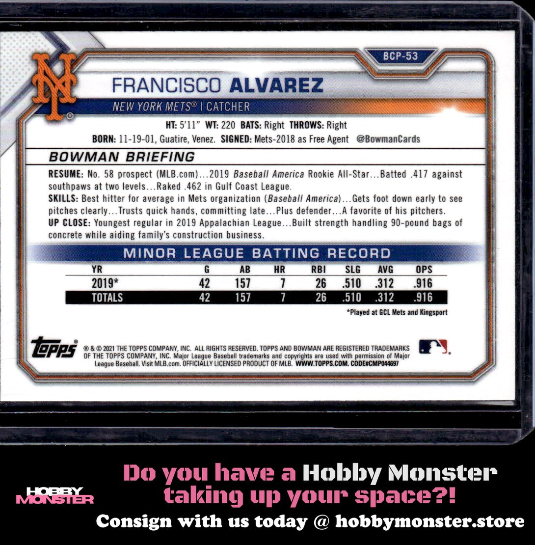2021 Bowman Francisco Alvarez Chrome Prospects Mojo Refractor New York Mets B