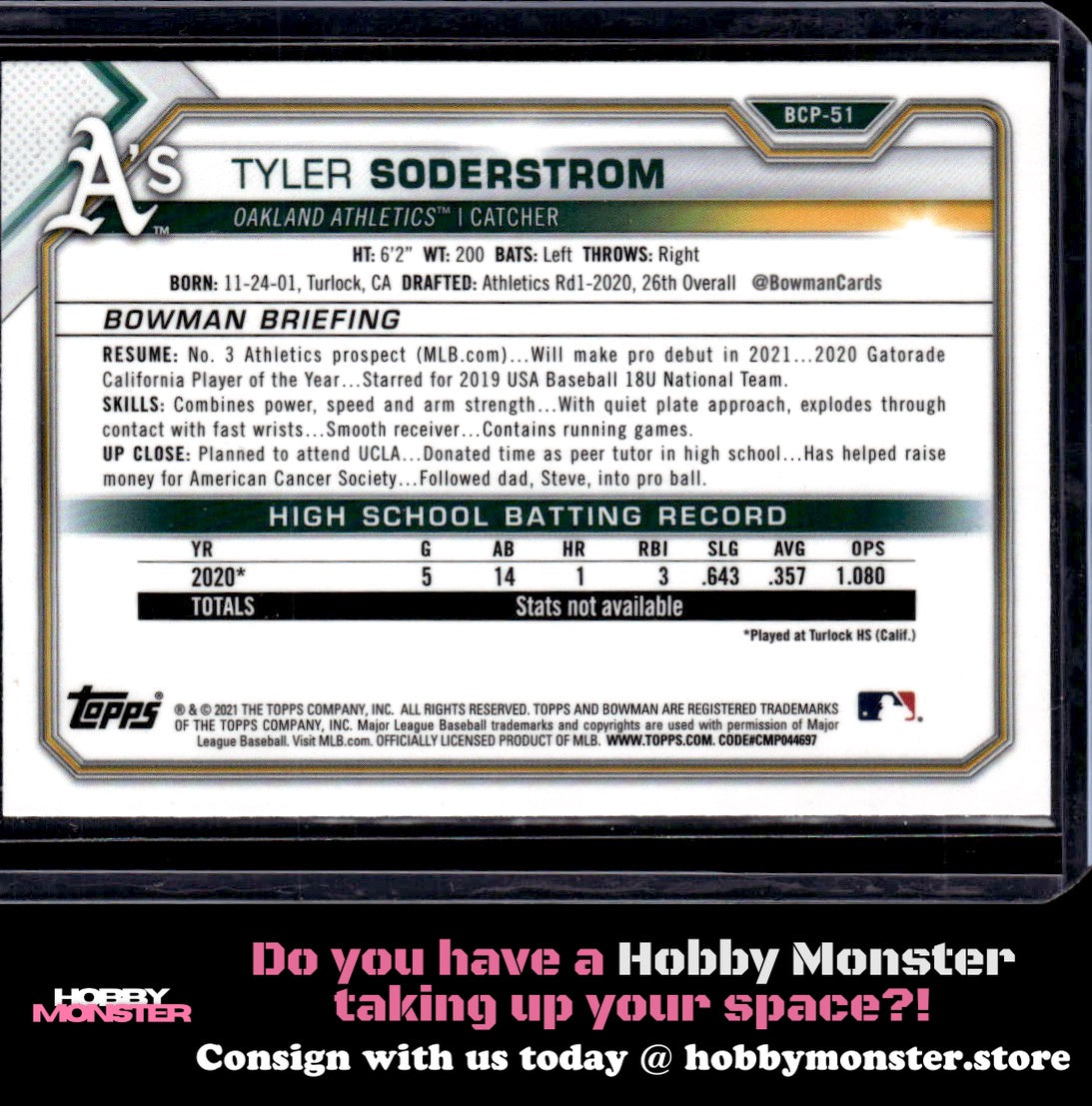 2021 Bowman Tyler Soderstrom Chrome Prospects Mojo Refractor Oakland Athletics B