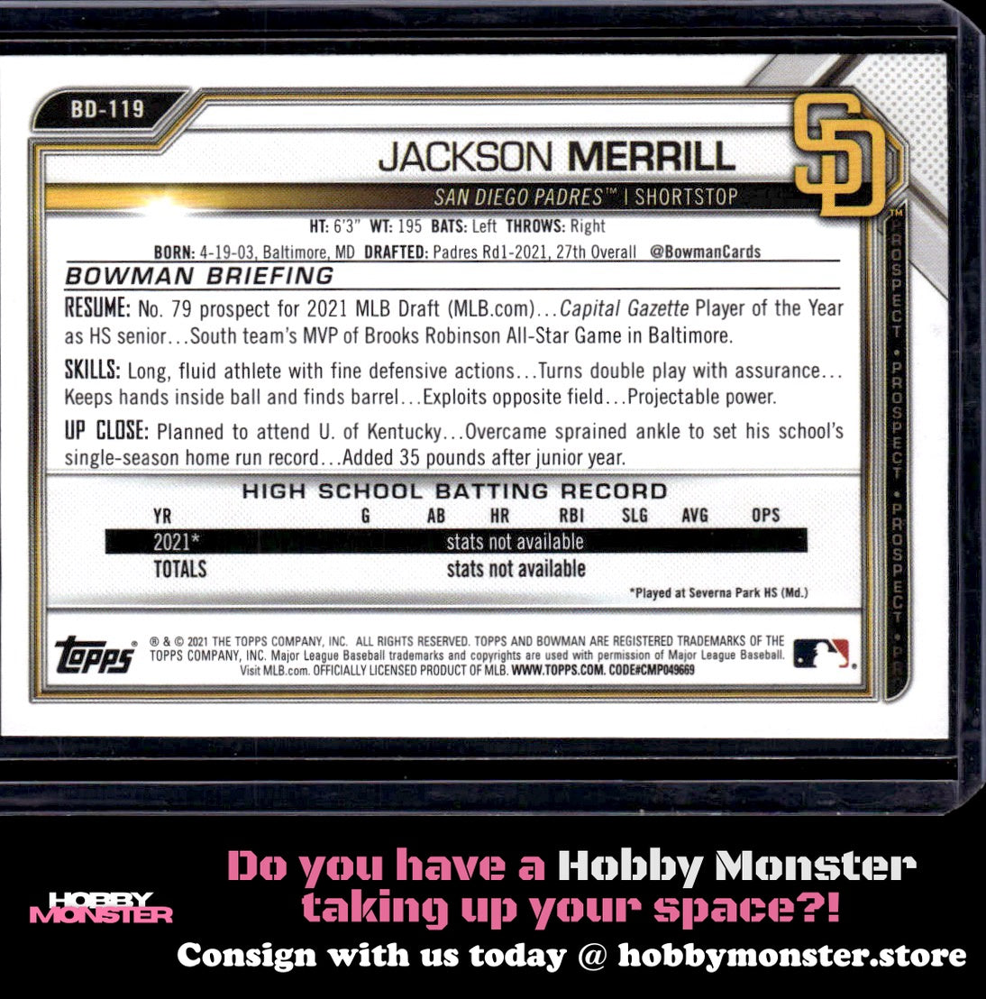 2021 Bowman Draft Jackson Merrill San Diego Padres