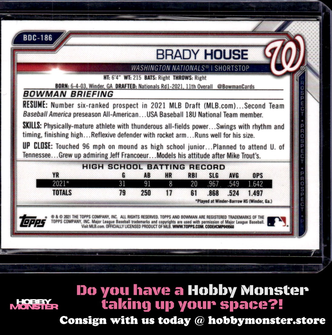 2021 Bowman Draft Brady House Chrome Washington Nationals