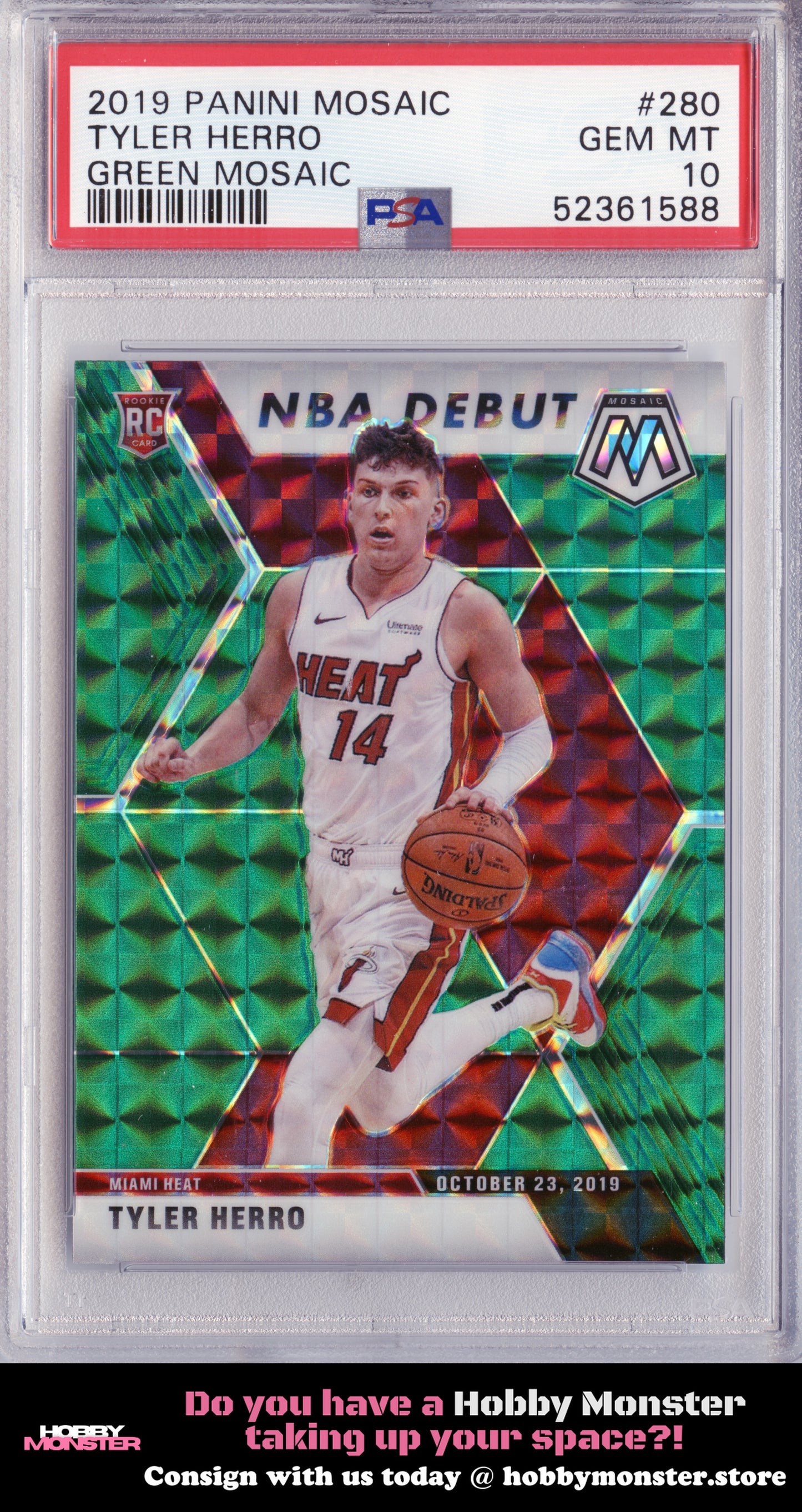 2019-20 Panini Mosaic Tyler Herro Green Prizm Rookie Miami Heat PSA 10
