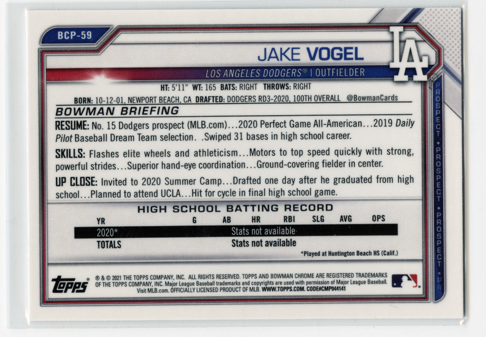 Jake Vogel 2021 Bowman #BCP-59 1st Chrome Prospect Los Angeles Dodgers|85