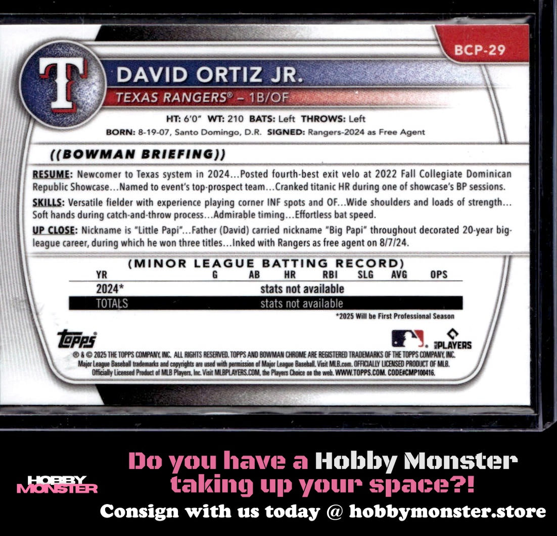 2025 Bowman David Ortiz Jr. Chrome Prospects X-Fractor Texas Rangers