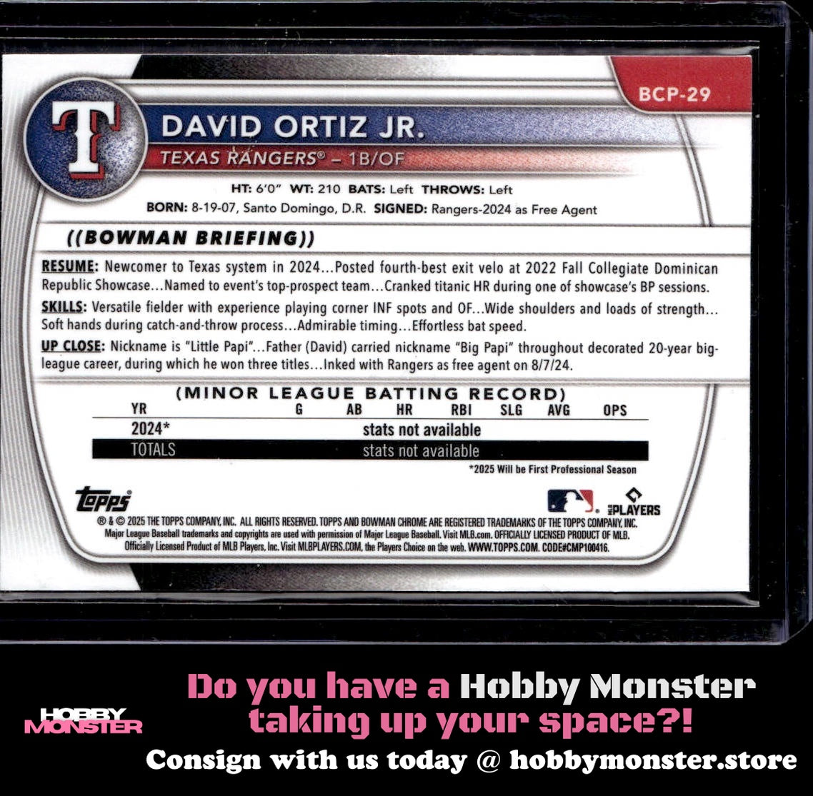 2025 Bowman David Ortiz Jr. Chrome Prospects Texas Rangers